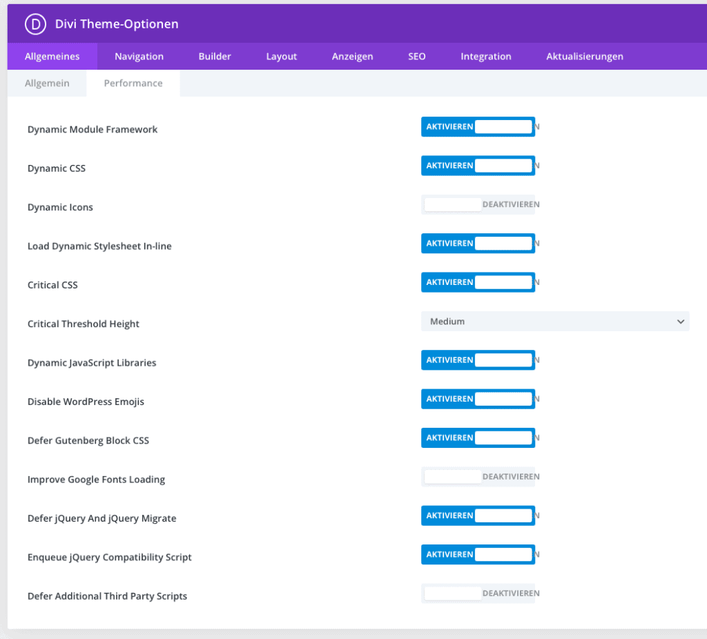 Screenshot der Divi Theme-Optionen, Unterpunkt „Performance“, hier ist „Improve Google Fonts Loading“ deaktiviert.