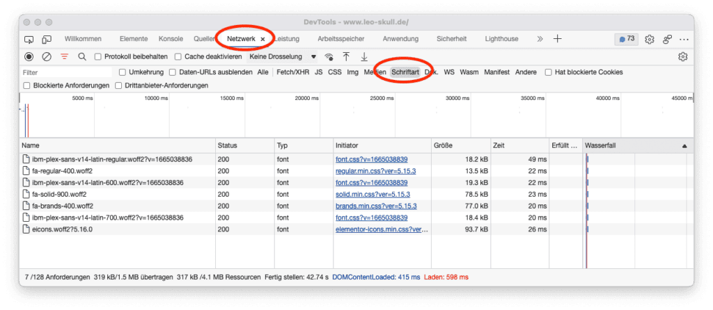 Screenshot der Webentwicklerkonsole, markiert ist der Punkt „Netzwerk“ und der Filter „Schriften“.