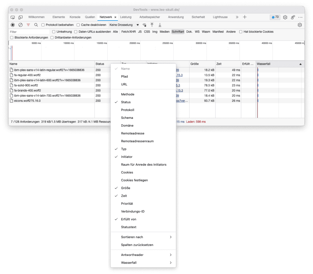 Screenshot des Kontextmenüs der Entwicklerkonsole, in dem „Domäne“ aktiviert wird.