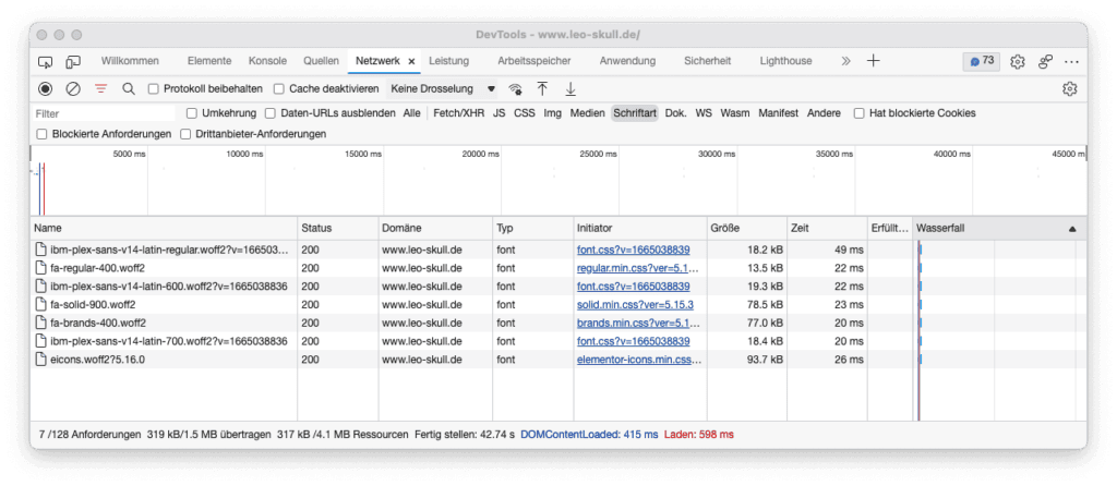 Screenshot der Entwicklerkonsole mit den von leo-skull.de geladenen Google Fonts.