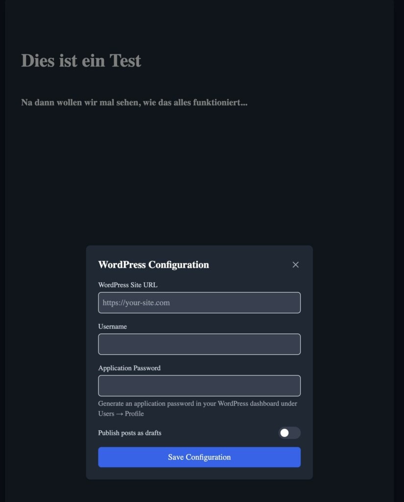 WordPress-Konfigurationseinstellungen auf schwarzem Hintergrund.